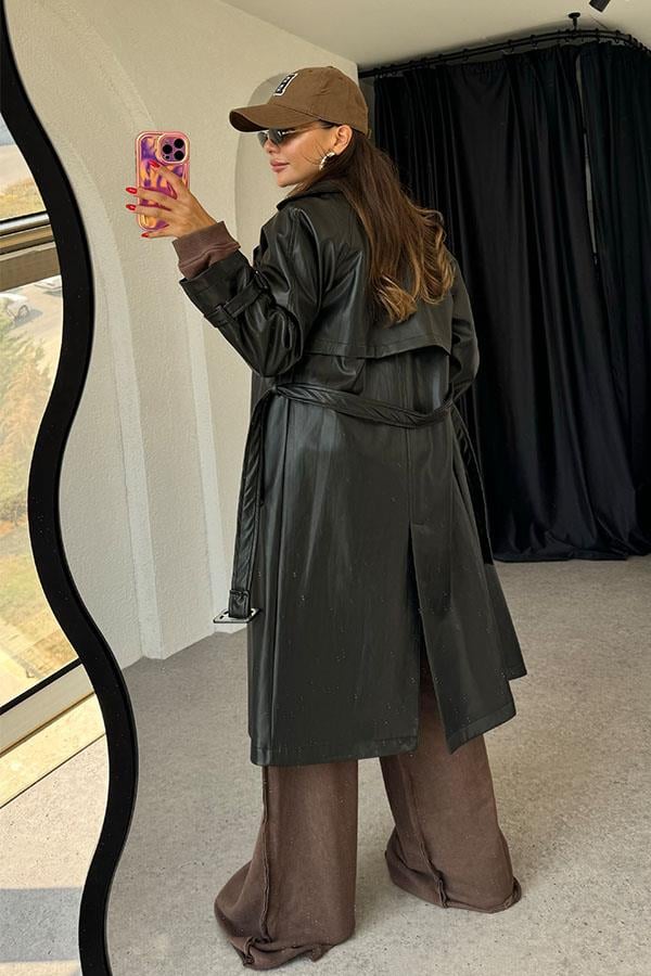 Kylie Kemerli Deri Siyah Trençkot