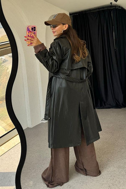 Kylie Kemerli Deri Siyah Trençkot