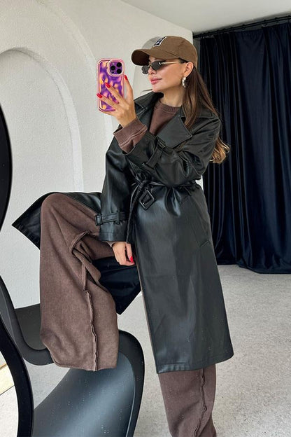 Kylie Kemerli Deri Siyah Trençkot