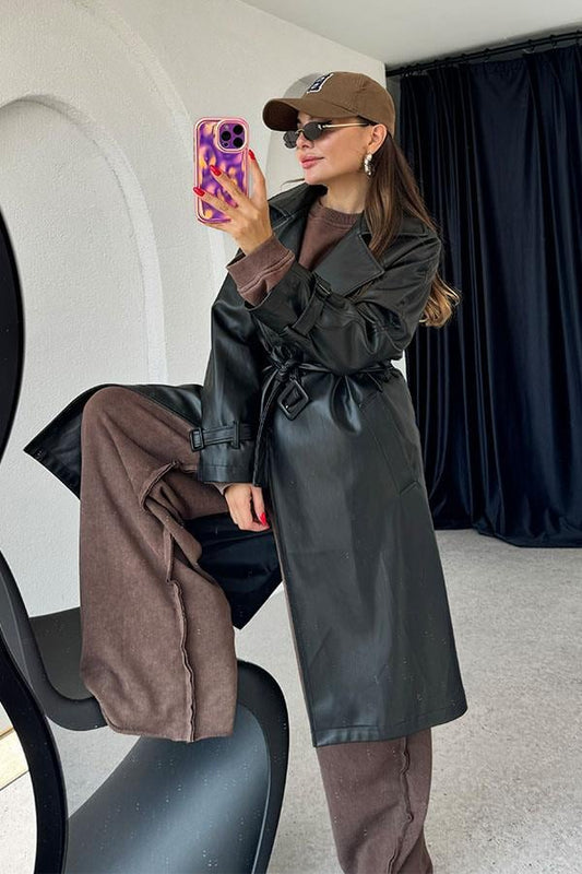 Kylie Kemerli Deri Siyah Trençkot