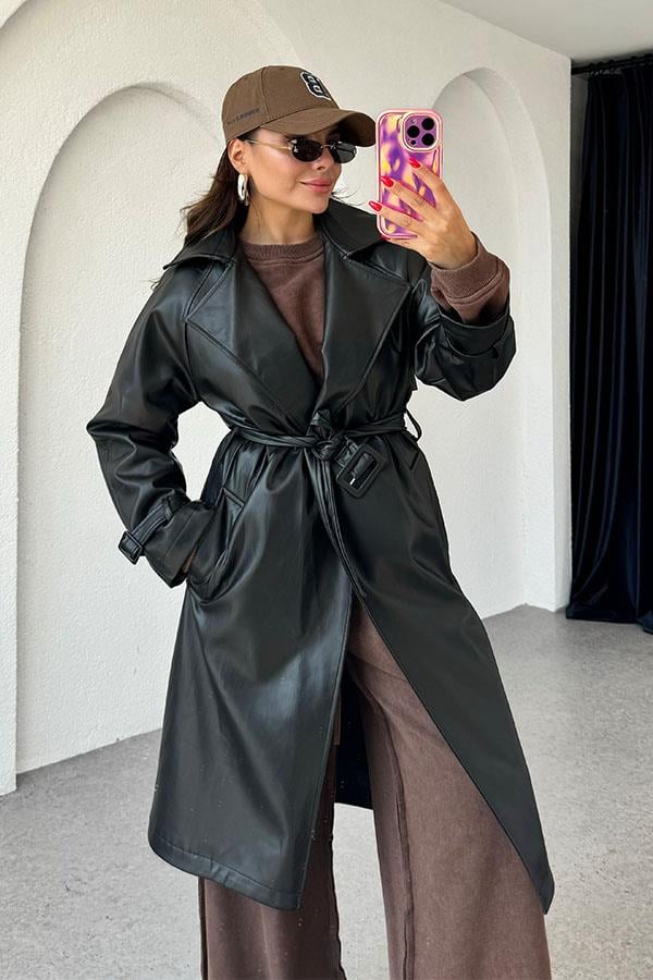 Kylie Kemerli Deri Siyah Trençkot