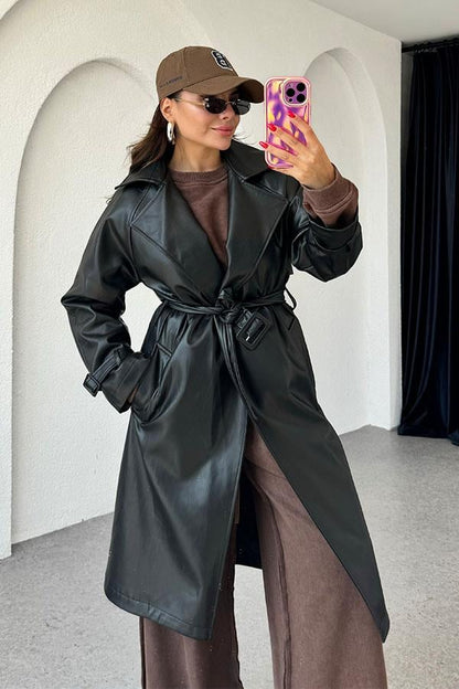 Kylie Kemerli Deri Siyah Trençkot