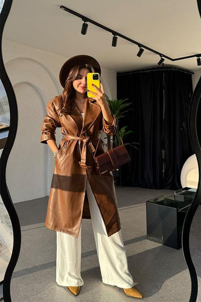 Kylie Kemerli Deri Taba Trençkot