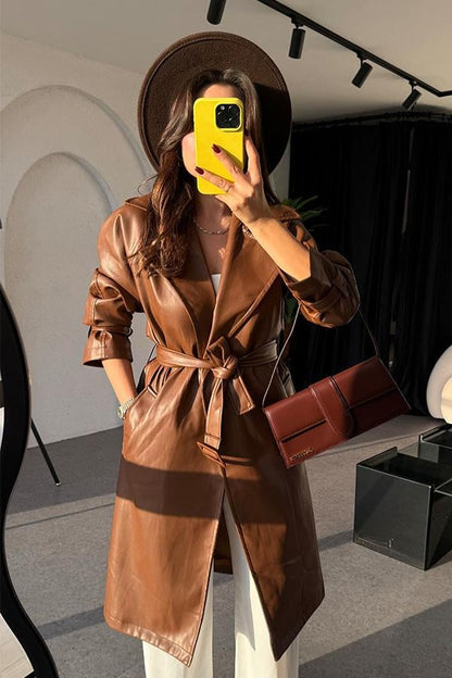 Kylie Kemerli Deri Taba Trençkot