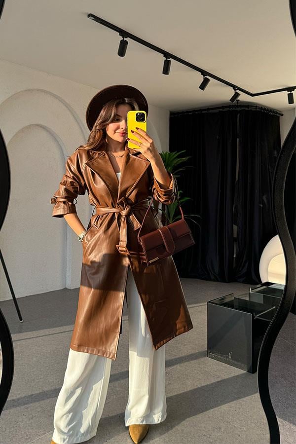 Kylie Kemerli Deri Taba Trençkot
