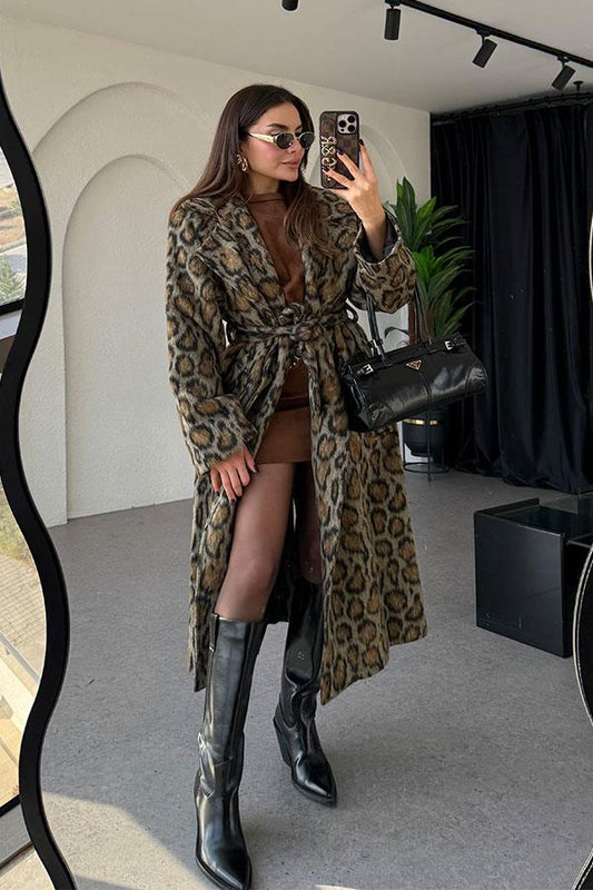 Lacerta Leopar Desen Kuşaklı Premium Kaban