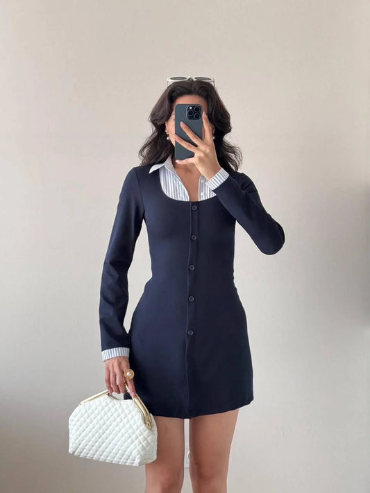 Lacivert Çizgili Mini Uzun Kollu Gömlek Elbise