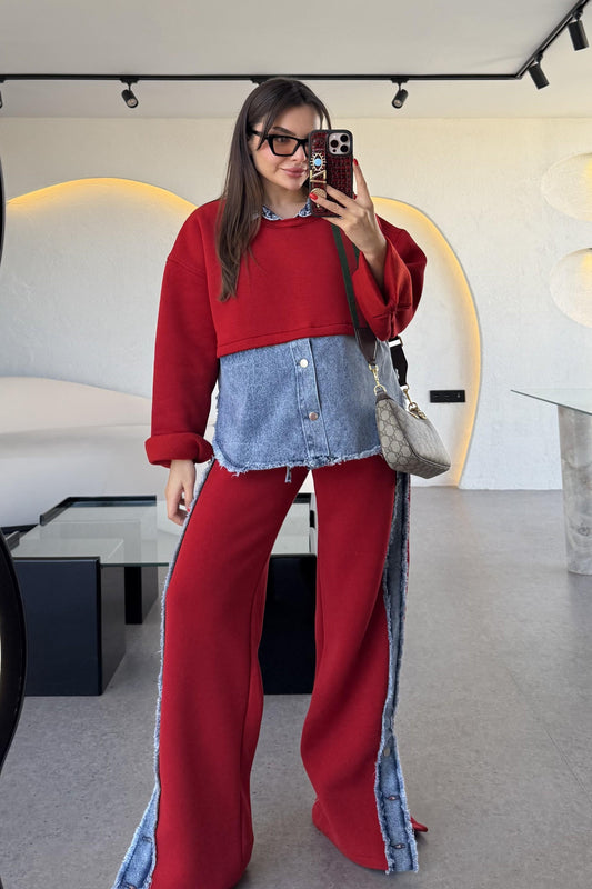 Leny Kırmızı Tasarım Şardonlu Takım