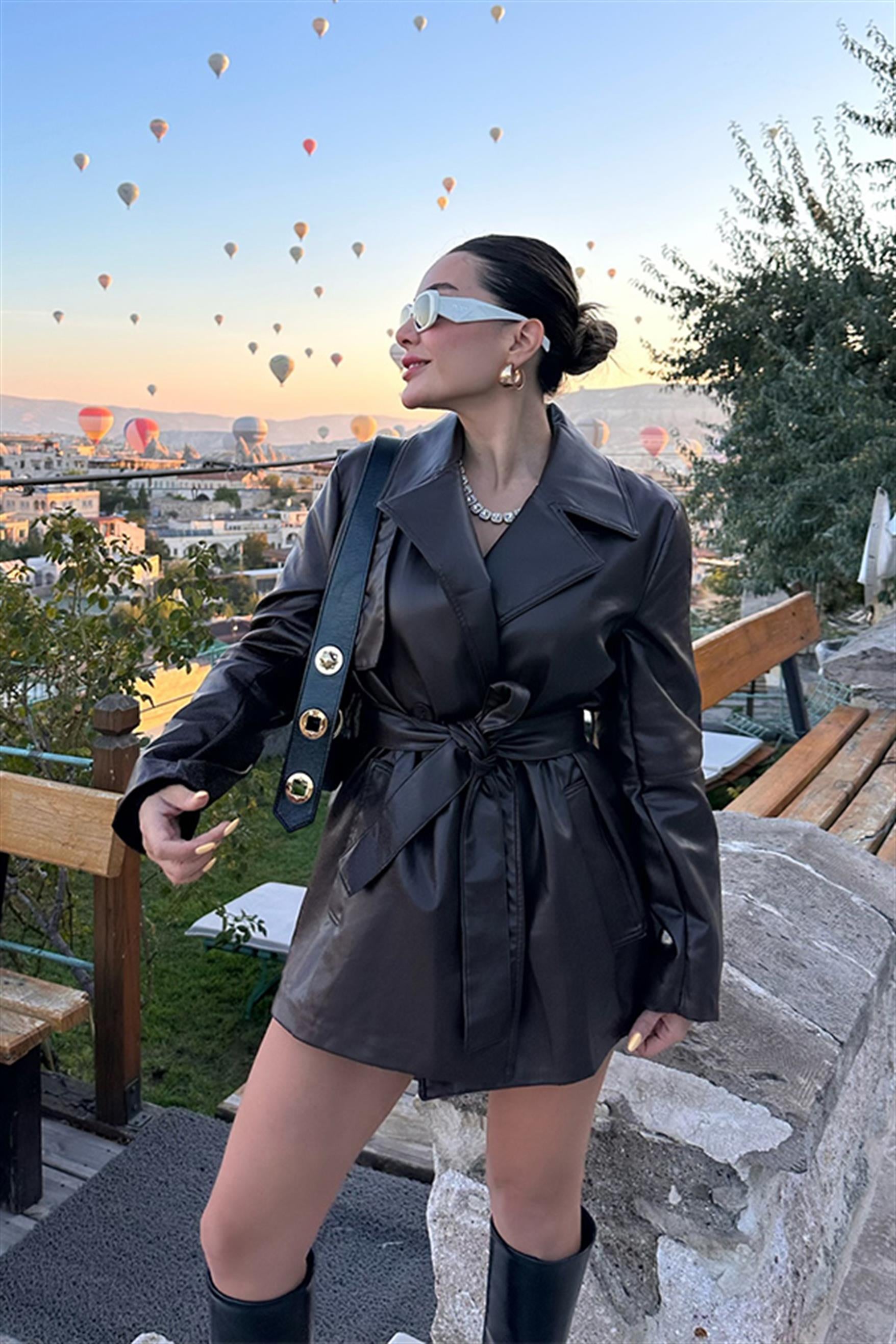 Lizzie Kemerli Acı Kahve Deri Trenç