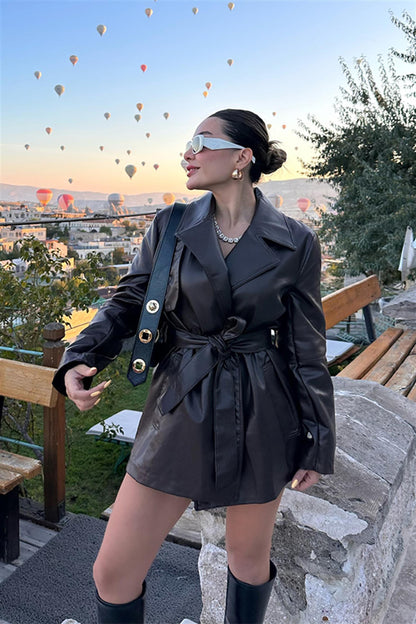 Lizzie Kemerli Acı Kahve Deri Trenç