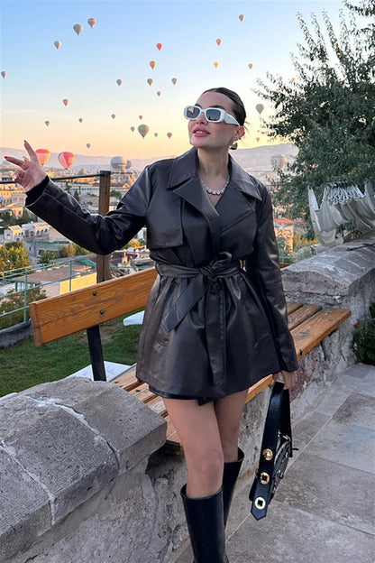 Lizzie Kemerli Acı Kahve Deri Trenç