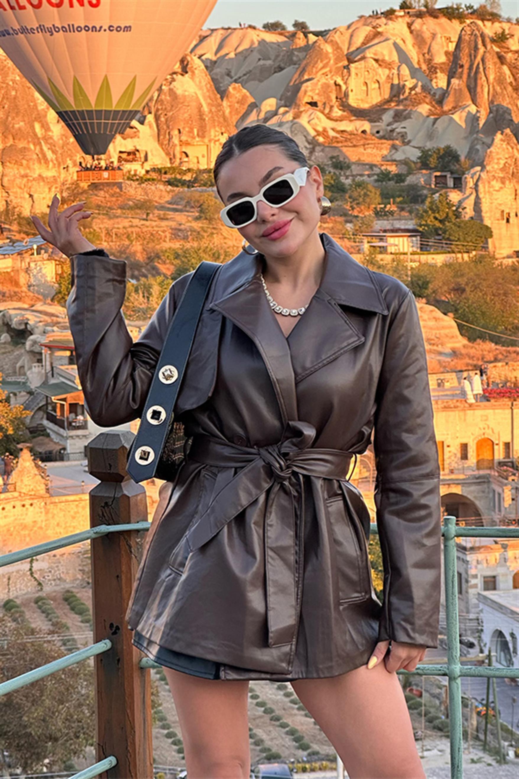 Lizzie Kemerli Acı Kahve Deri Trenç