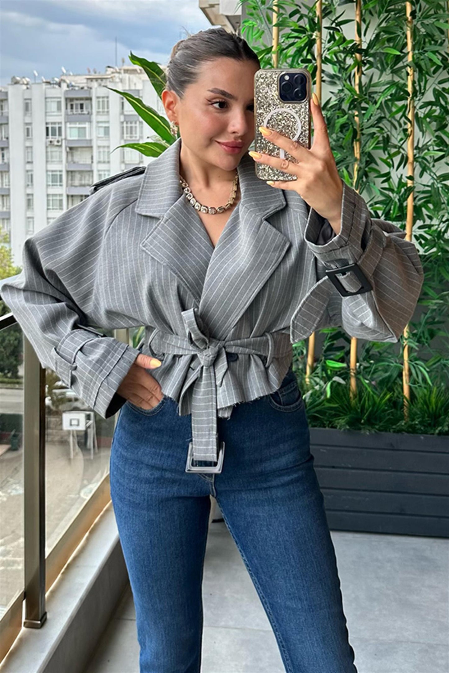 Loose mini gri çizgili trençkot