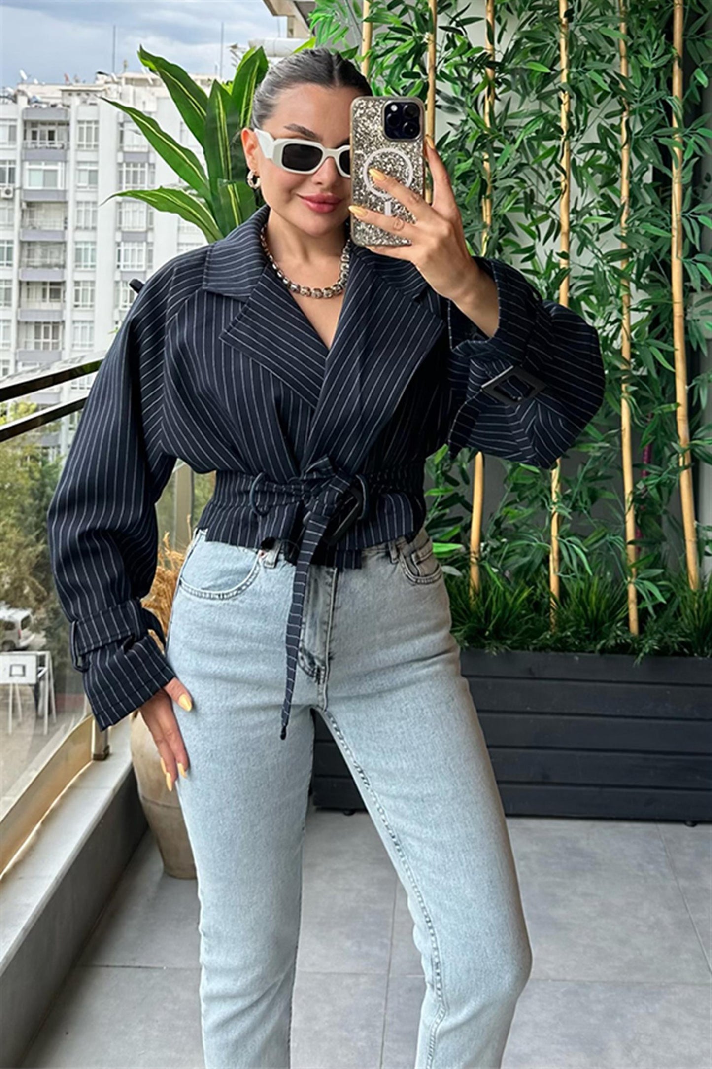 Loose mini lacivert çizgili trençkot