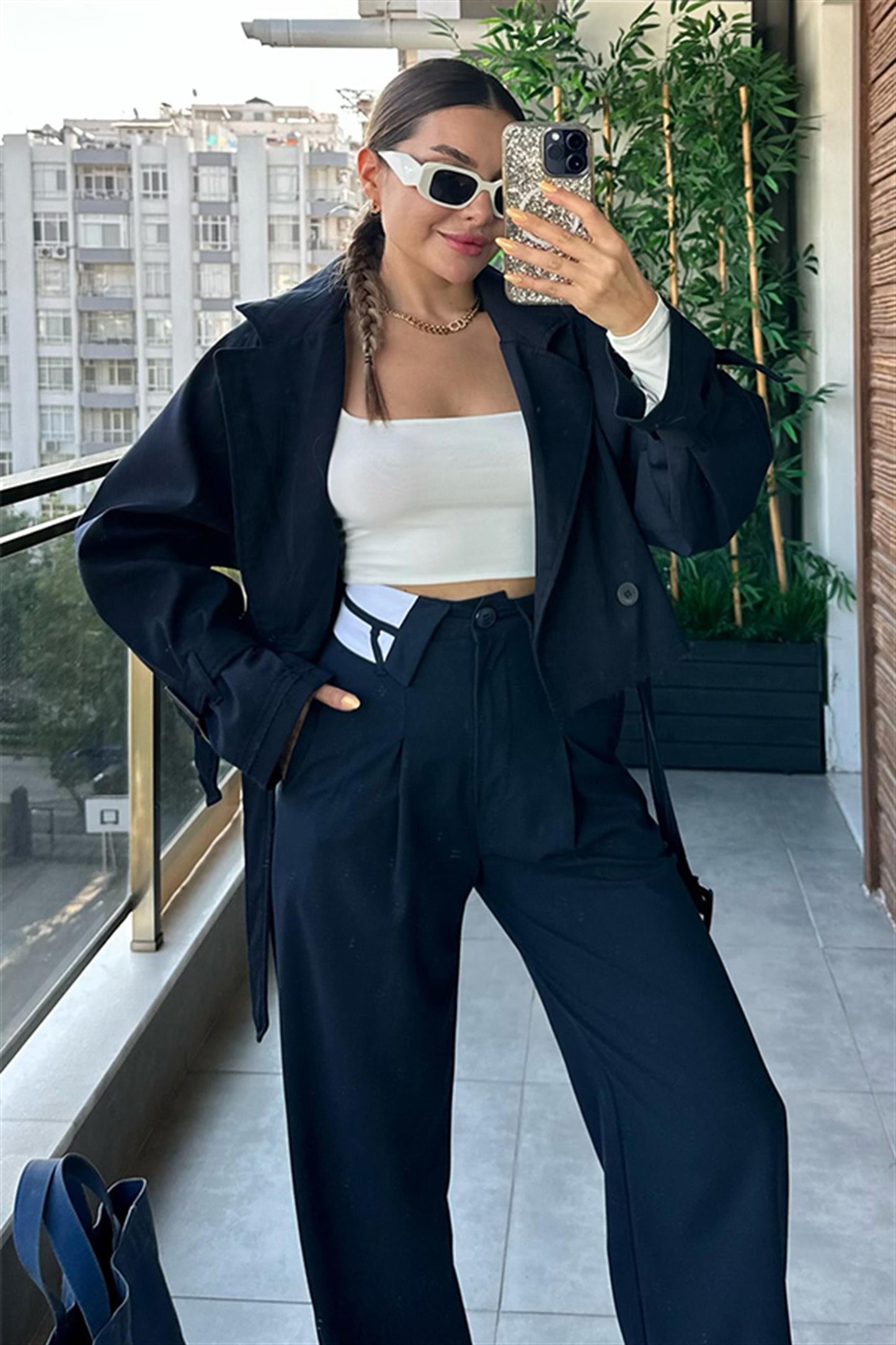 Loose mini lacivert trençkot