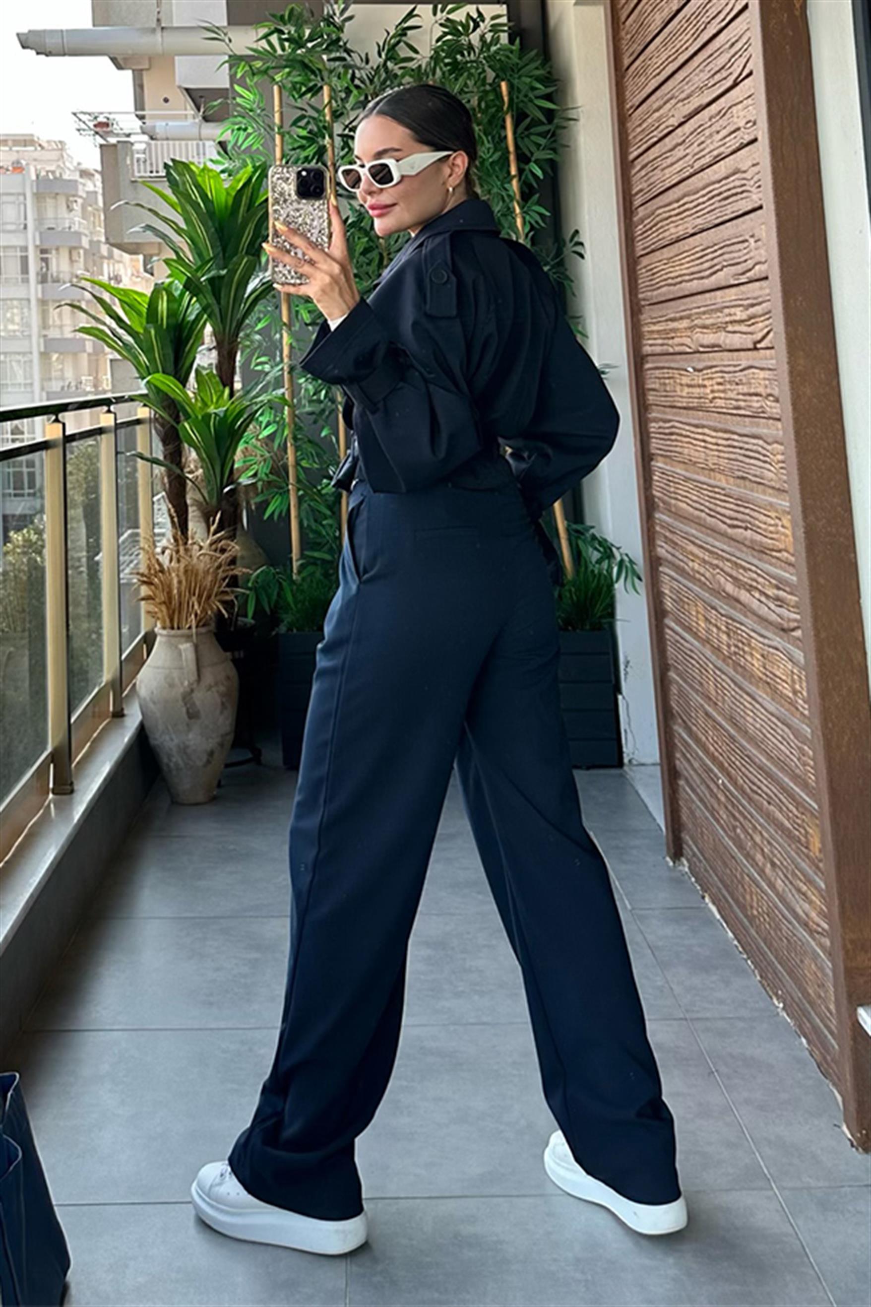 Loose mini lacivert trençkot