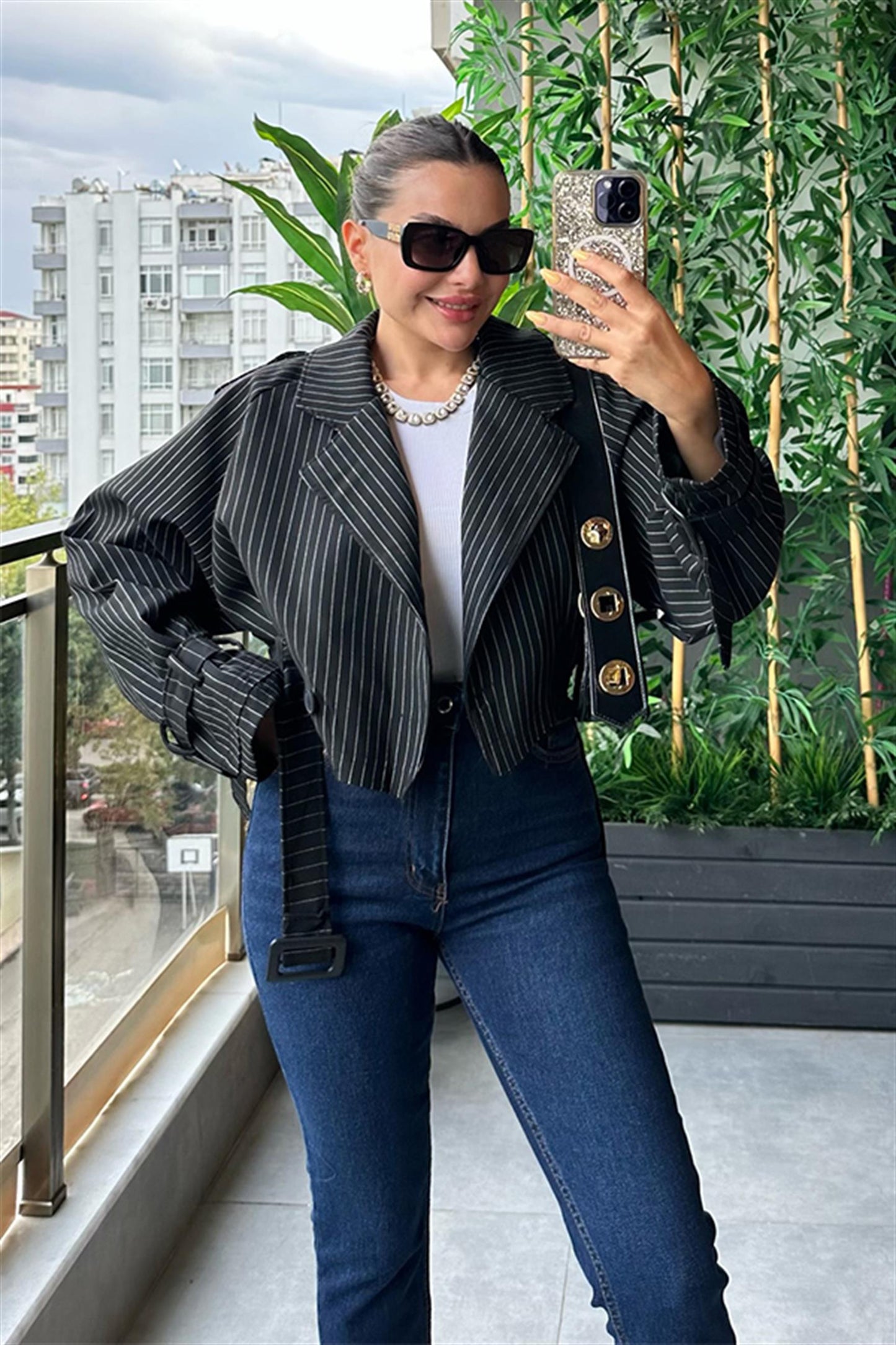 Loose mini siyah çizgili trençkot