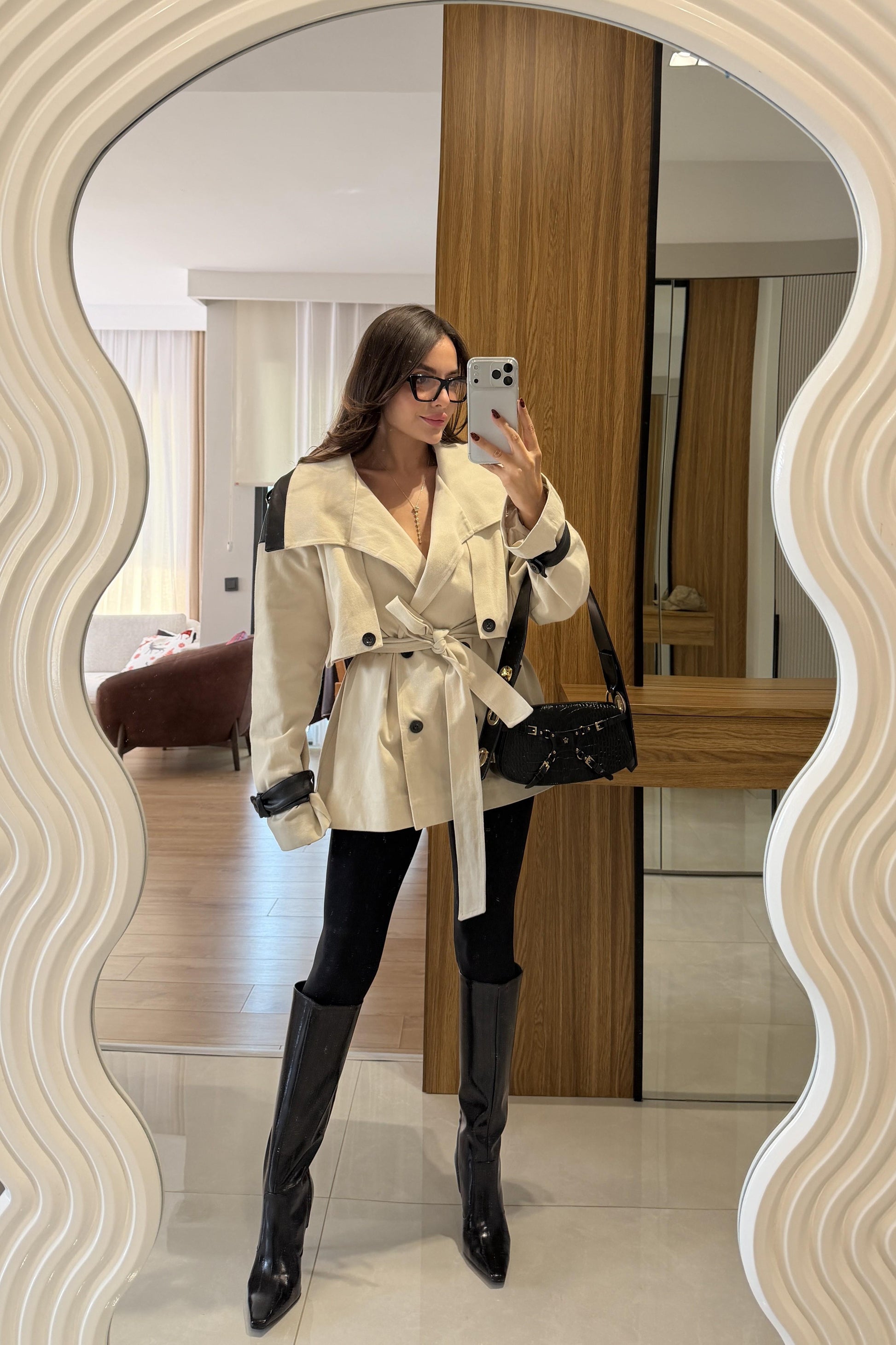 Olivka Deri Detaylı Gabardin Trenç