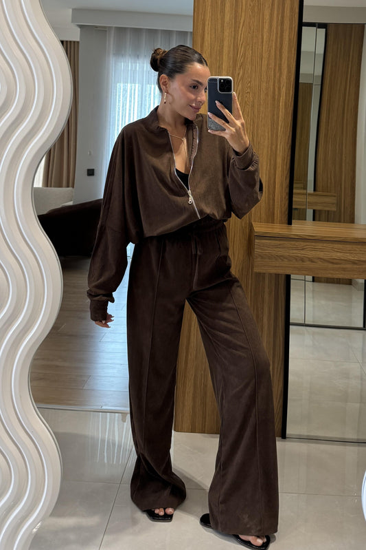 Poisson Kahverengi Fermuarlı Oversize Eşofman Takımı