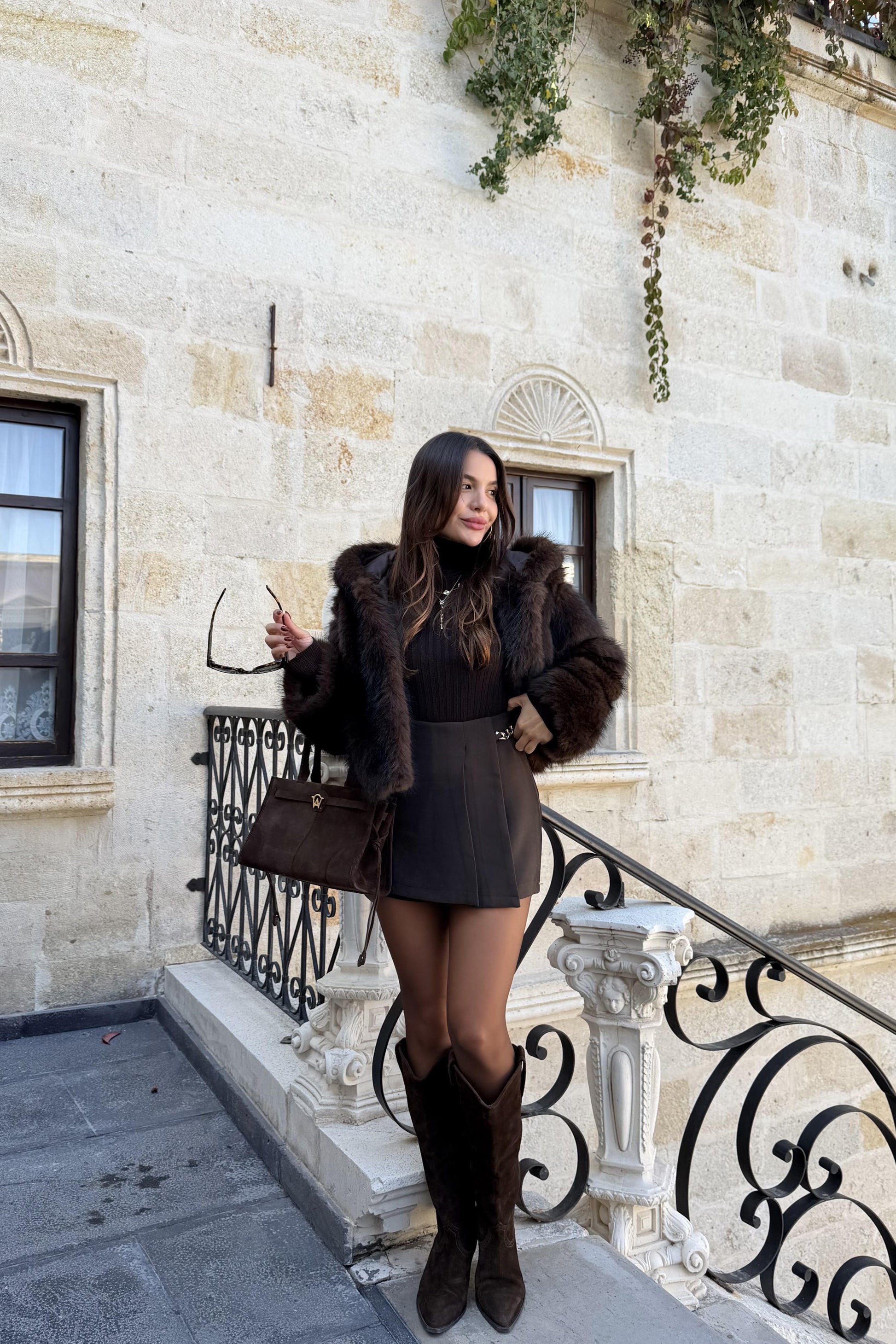 Prenson Acı Kahve Kapüşonlu Kürk