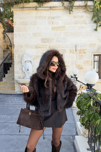 Prenson Acı Kahve Kapüşonlu Kürk