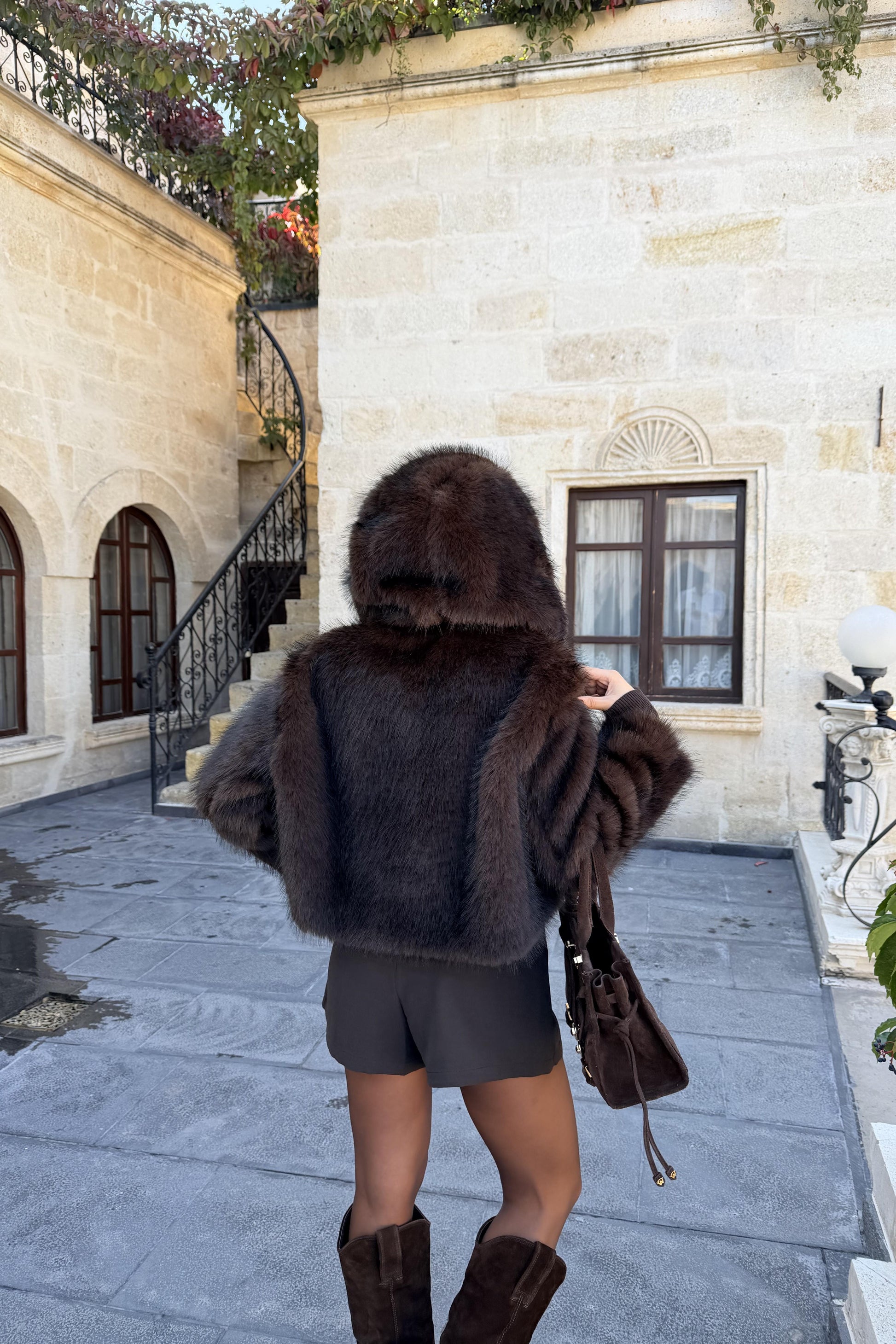 Prenson Acı Kahve Kapüşonlu Kürk