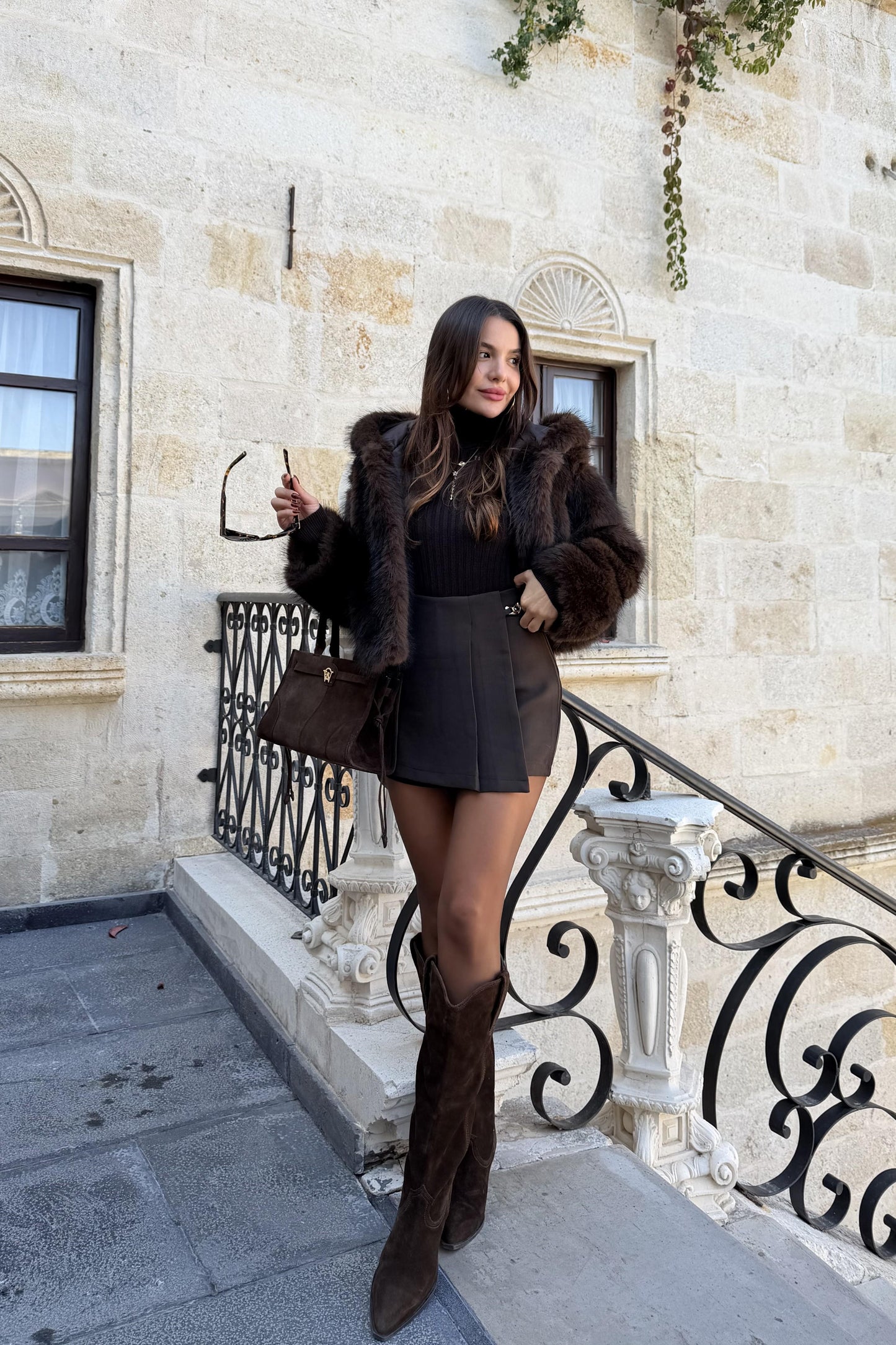 Prenson Acı Kahve Kapüşonlu Kürk