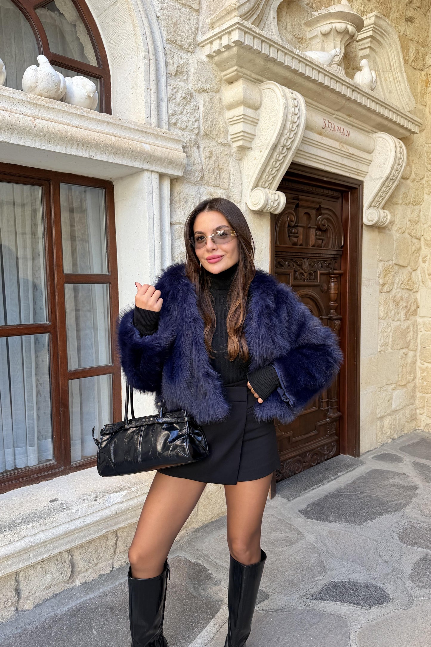 Prenson Mavi Kapüşonlu Kürk