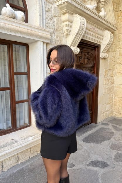 Prenson Mavi Kapüşonlu Kürk