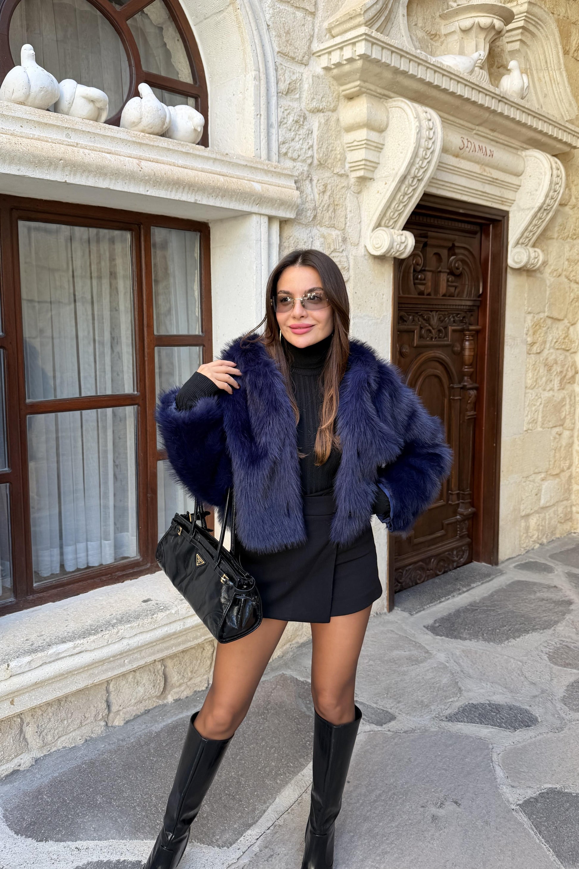 Prenson Mavi Kapüşonlu Kürk