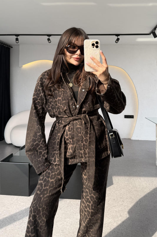 Purenza Leopar Kuşaklı Denim Ceket