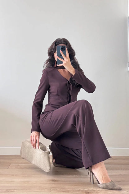 Şallı Kahverengi Pantolon Ceket İkili Takım