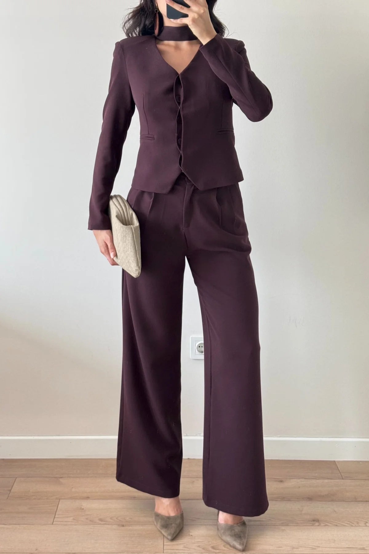 Şallı Kahverengi Pantolon Ceket İkili Takım