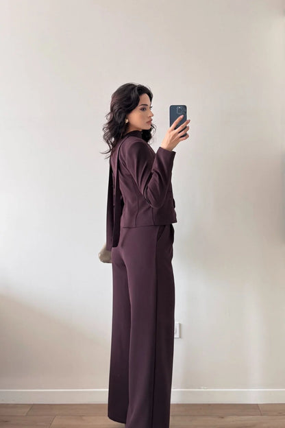 Şallı Kahverengi Pantolon Ceket İkili Takım