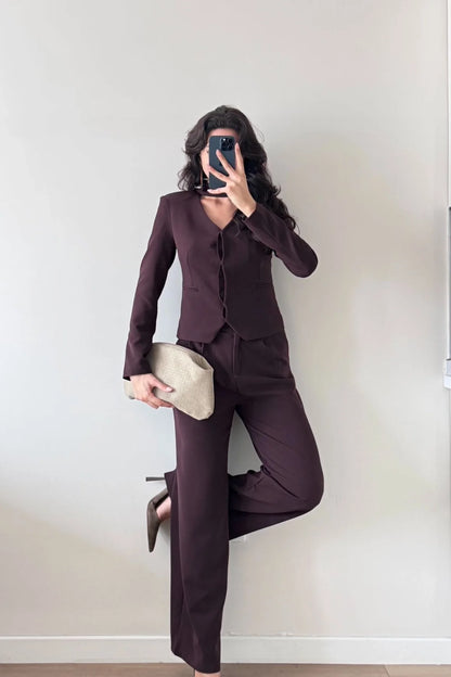 Şallı Kahverengi Pantolon Ceket İkili Takım