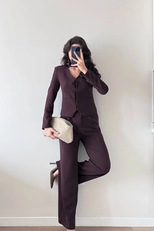 Şallı Kahverengi Pantolon Ceket İkili Takım