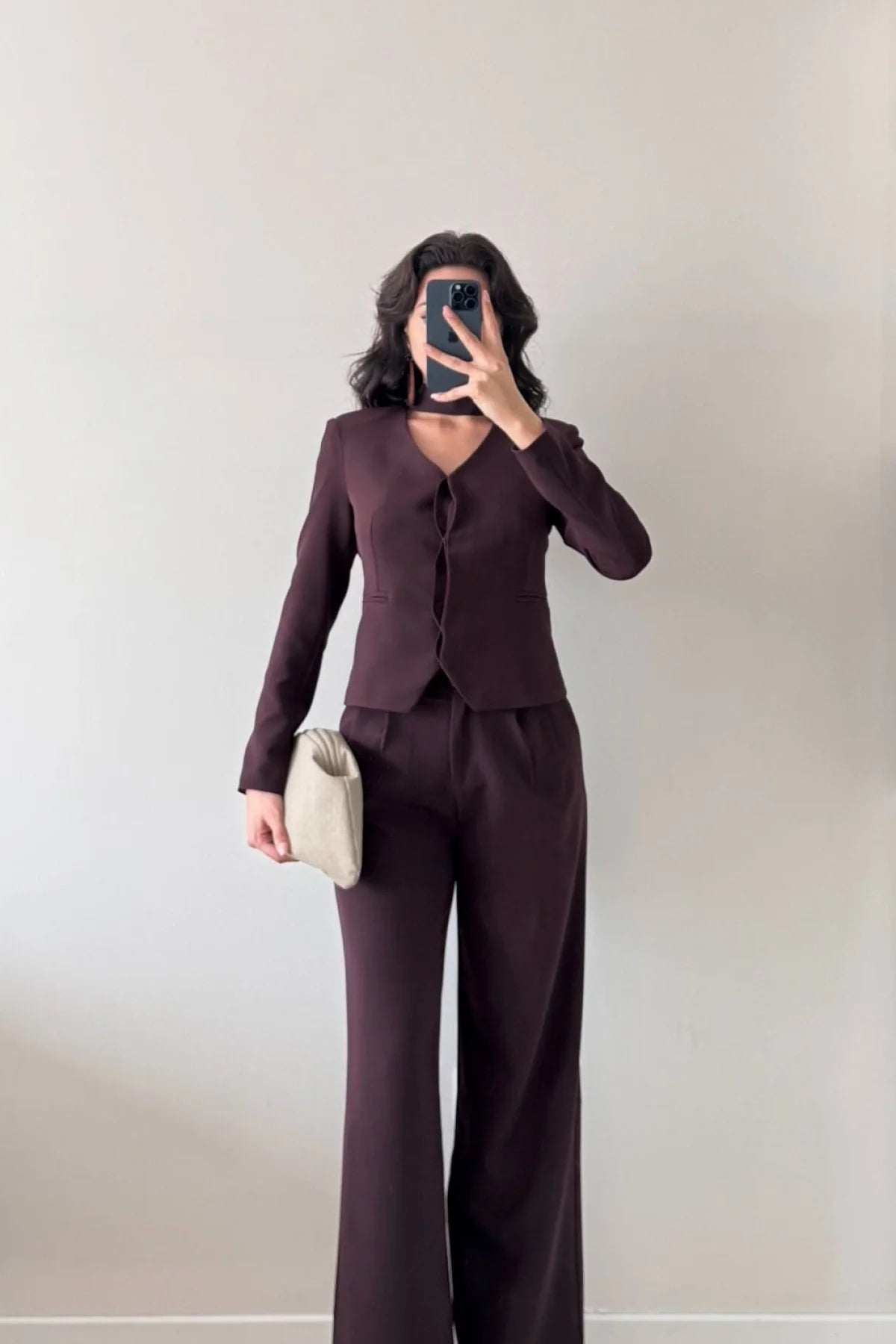 Şallı Kahverengi Pantolon Ceket İkili Takım