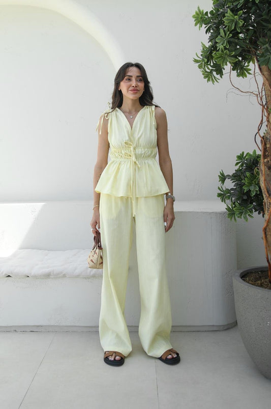 SARI LASTIK DETAYLI BLUZ PANTOLON TAKIM