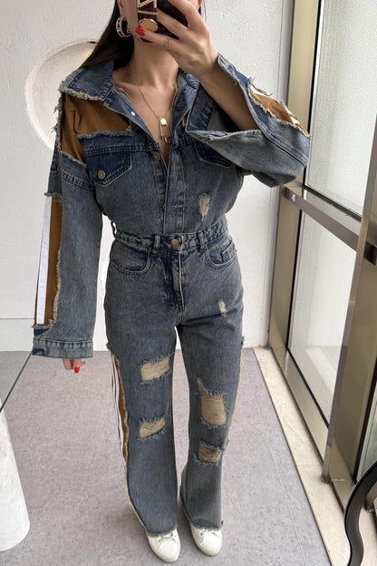 Senita Kenarları Kahve Denim Yırtıklı Takım