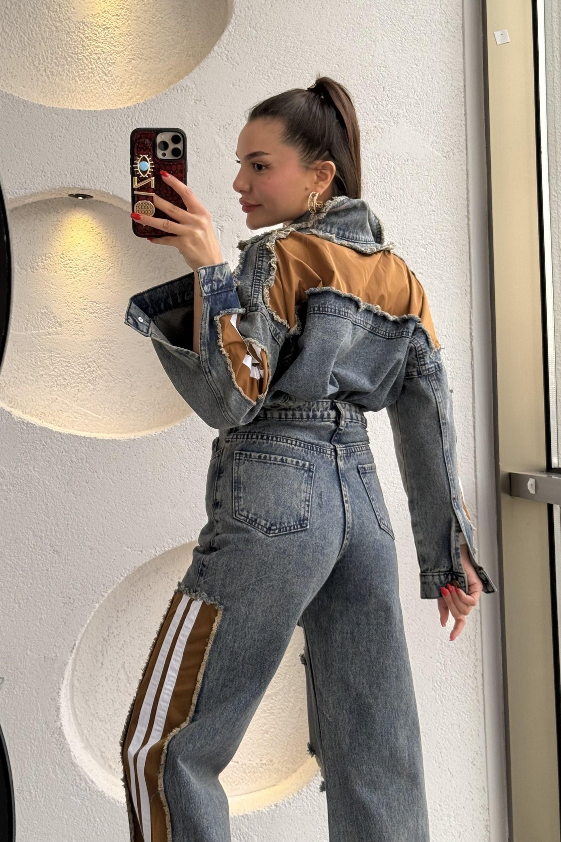 Senita Kenarları Kahve Denim Yırtıklı Takım