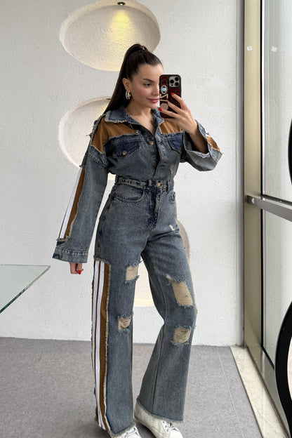 Senita Kenarları Kahve Denim Yırtıklı Takım