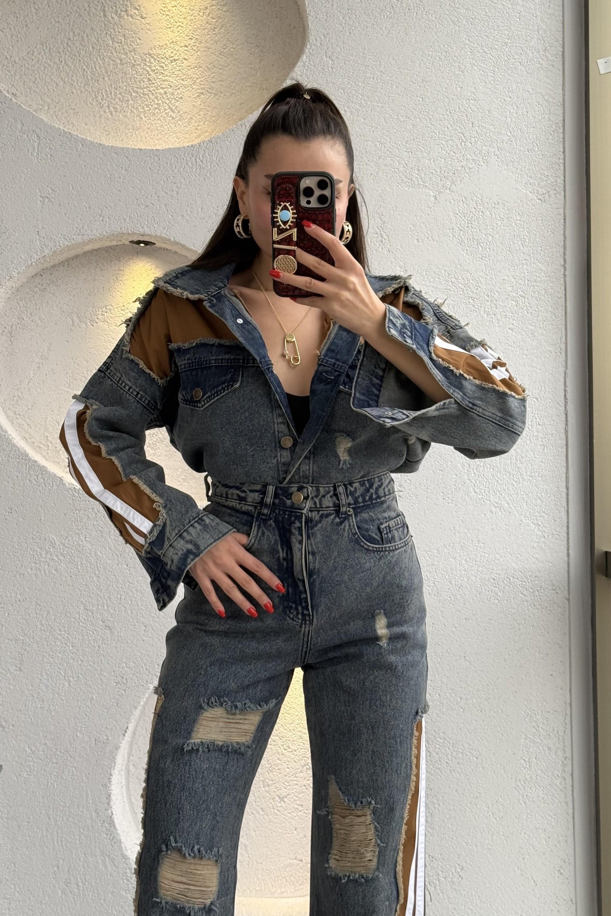 Senita Kenarları Kahve Denim Yırtıklı Takım