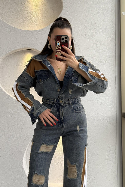 Senita Kenarları Kahve Denim Yırtıklı Takım