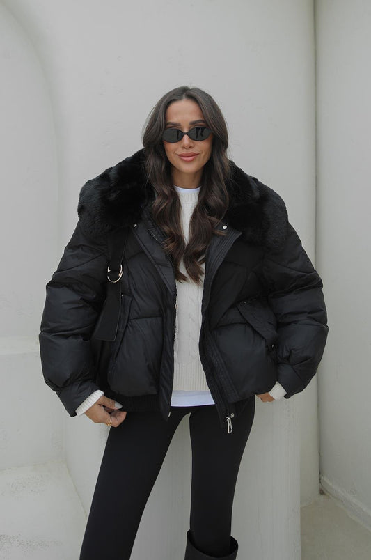 SIYAH DELUXE KÜRK DETAYLI ŞIŞME MONT