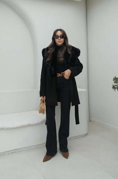 SIYAH OPULENT YAKASI KÜRKLÜ KUŞAKLI KABAN