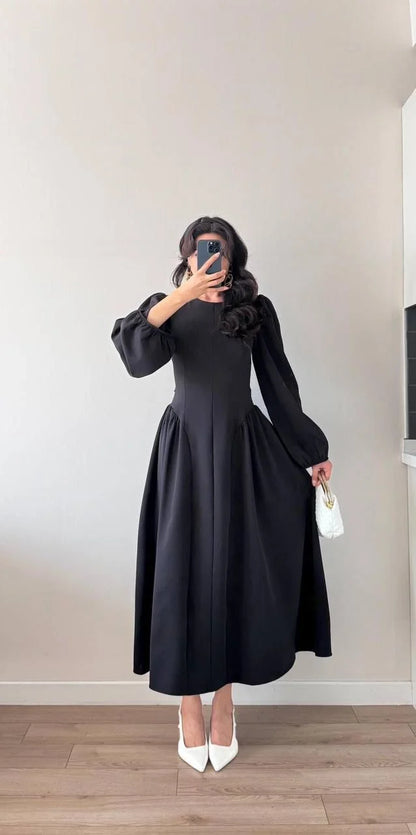 Sırt Kuşak Bağlamalı Uzun Kollu Maxi Balon Kol Elbise