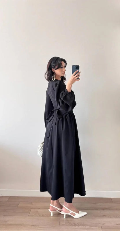 Sırt Kuşak Bağlamalı Uzun Kollu Maxi Balon Kol Elbise