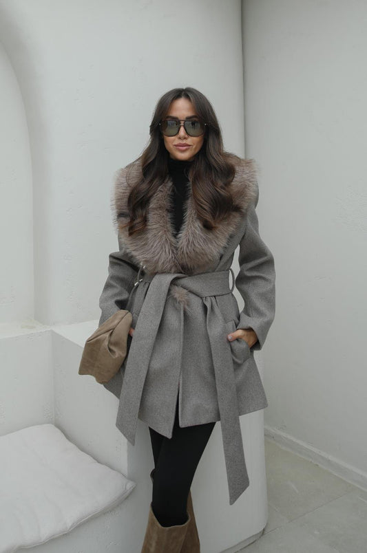 VIZON OPULENT YAKASI KÜRKLÜ KUŞAKLI KABAN