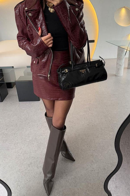 Volentine Bordo Yılan Desen Deri Takım