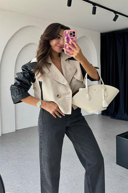 Windler Kolları Deri Mini Trençkot - Krem